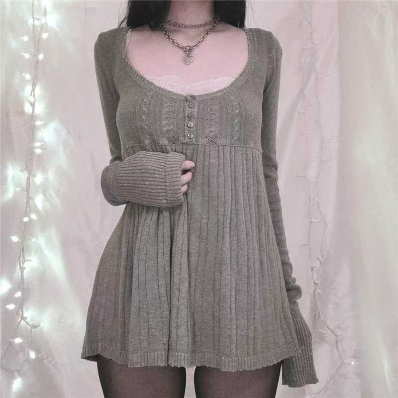 

Vintage Long Sleeve Babydoll Knitted Sweater Milkmaid Pullovers Aesthetic Grunge Y2k Knitwear T Shirts Women XS