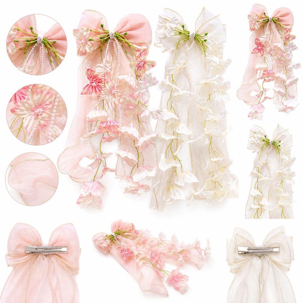 Sheer Ribbon Hair Bow Clip Flower Vine Tassels Ribbon Hair Clip Fashion Bow Hair Clip Gifts