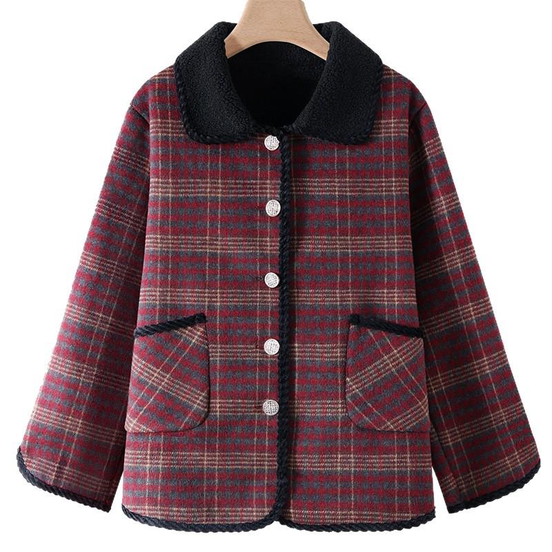 Women's 50+ Plaid Plus Velvet Warm Coat - Lightweight Autumn/Winter Cotton Jacket