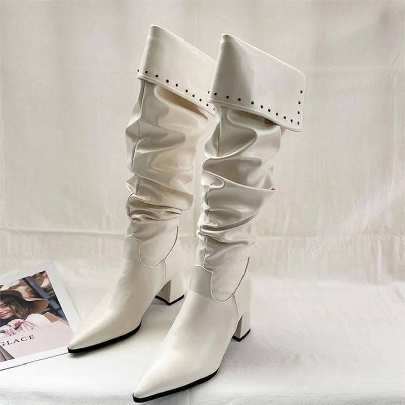 Knee High Women Boots Pointed Toe High Heels Sexy Shoes Winter Luxury Chunky Leather Shoes Chelsea Boots Elegant Pumps De Mujer