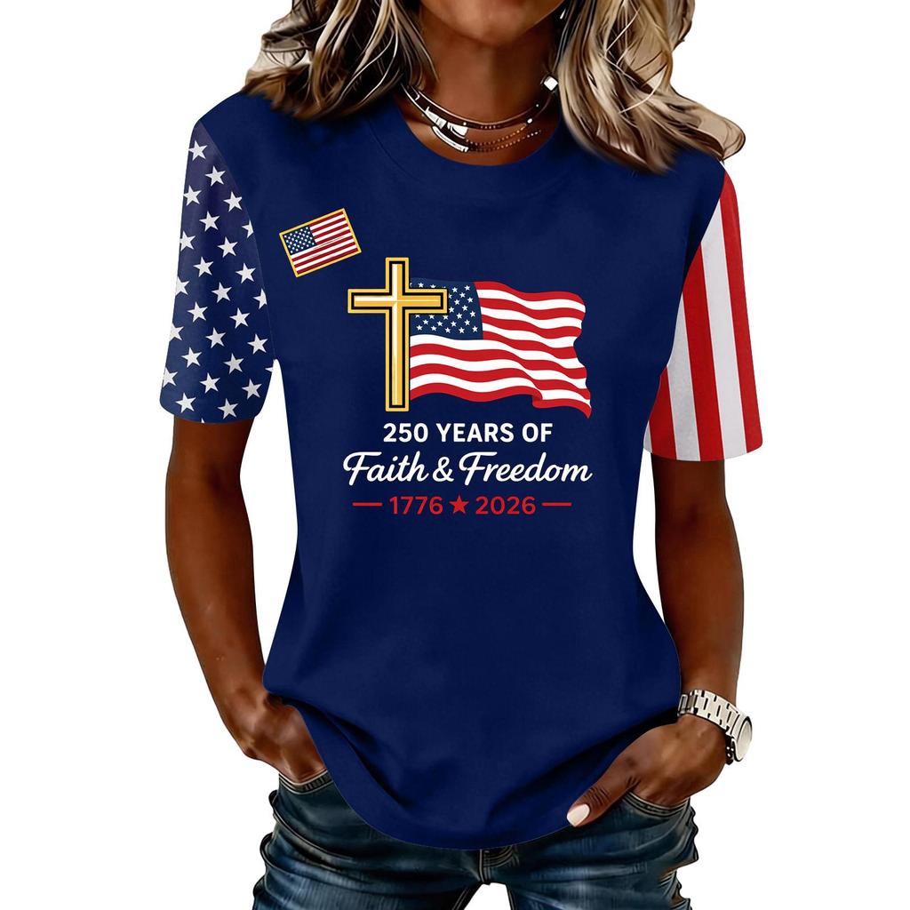 Womens Casual Crewneck Short Sleeve T Shirt Top with 250 Years and Print Flag Cross Graphic 1776 2026