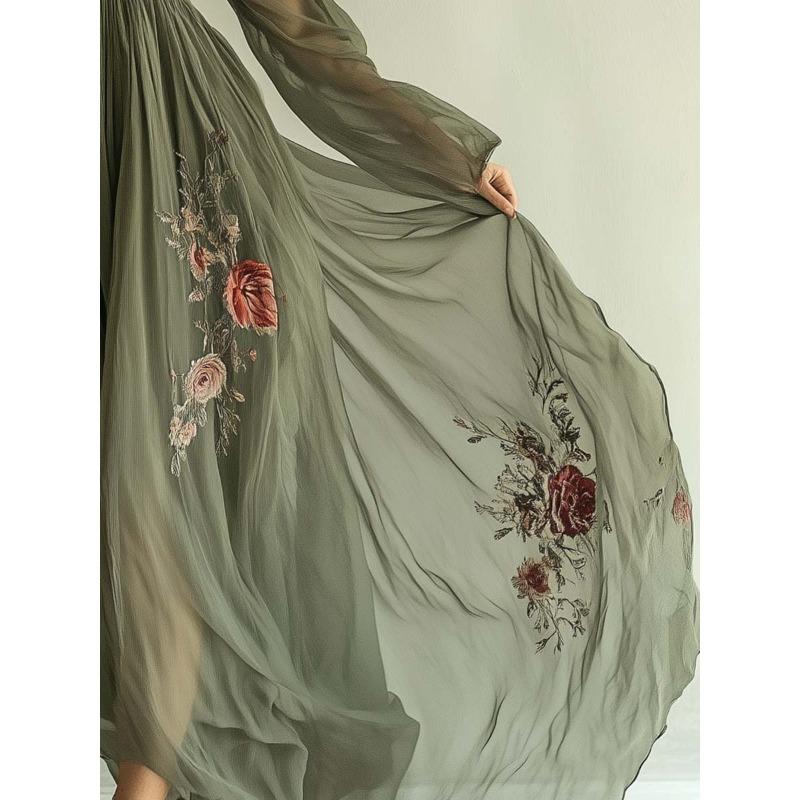 DAFIFY Women's Fashion Spring Fall Flower Pattern Print Long Sleeve V-Neck High Waist Casual Dresses