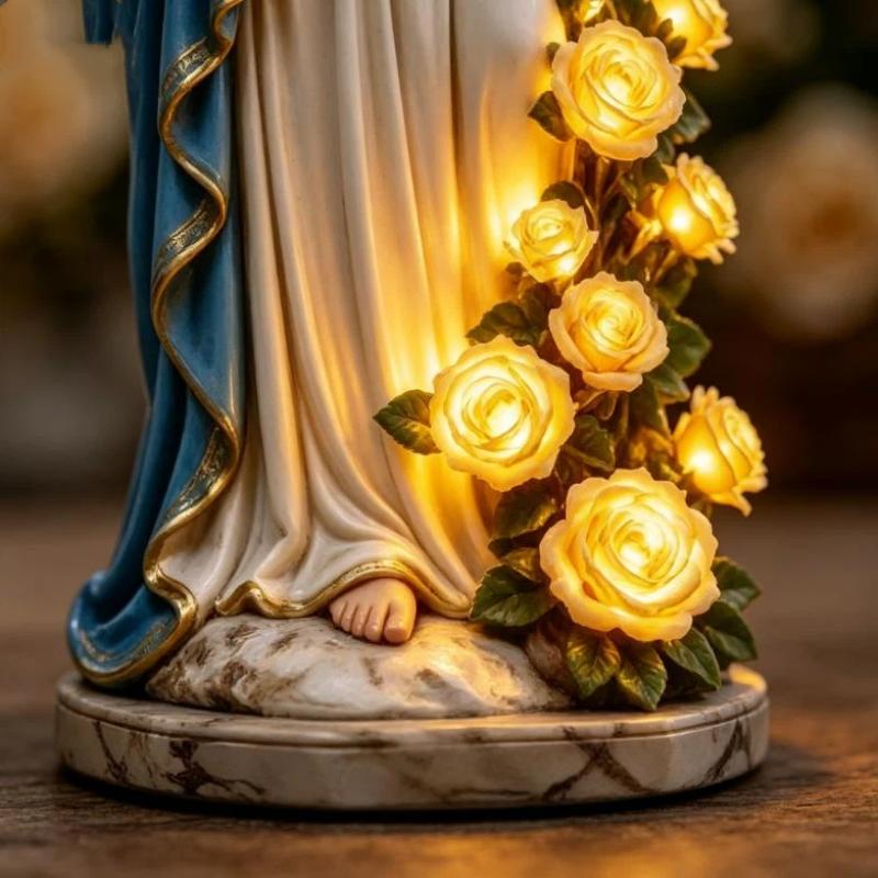Estatua de María de Resina 1 Pieza con Rosas Amarillas Iluminadas por LED Figura Pintada a Mano para Altar Pequeño Montaje Religioso en Casa