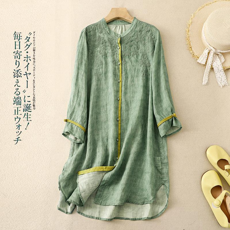 

Настоящая весенне-летняя новая литературная и ретро вышивка жареный цвет воротник-стойка рубашка женская свободная средней длины солнцезащитный топ 2XL зелёный