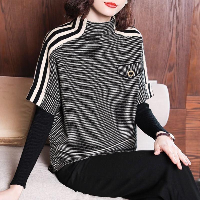 Giacca Corta in Maglia Casual da Donna Autunno Plaid Versatile Top Sovrapponibile Capispalla Finto Due Pezzi