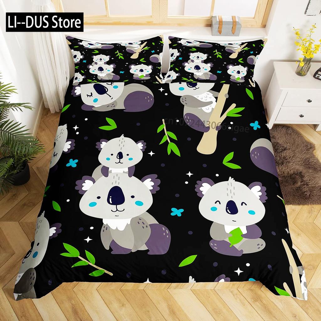 Kawaii Koala Bedding Set Full Size For Kids Boys GirlsCartoon Animal Comforter Set Quilt Duvet Green Leaves Bedroom Decor 3pcs