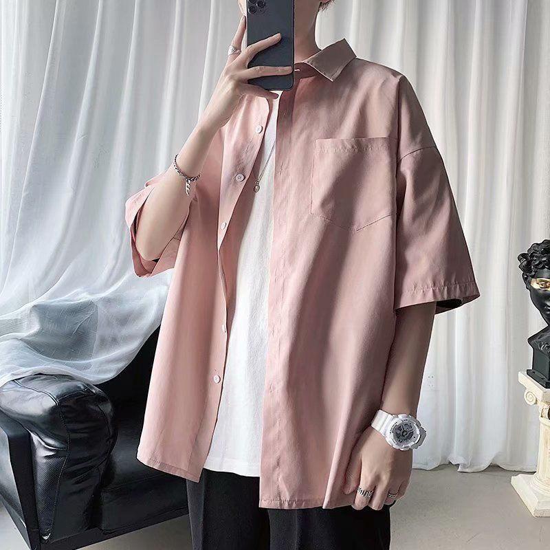 Simplicity Handsome Turn-down Collar Solid Shirts Loose Short Sleeve Button Business Casual Young Style Fashion Men's Clothing