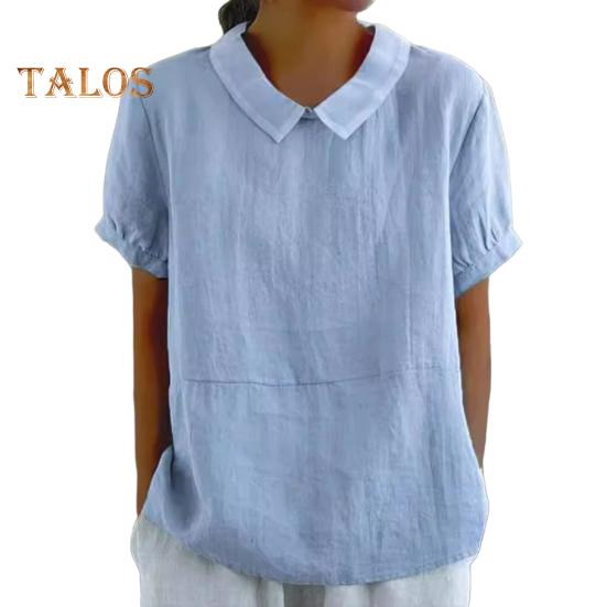 Damen Freizeithemd mit umgeschlagenem Kragen, kurzärmelig, einfarbig, lockere Passform, Sommer-T-Shirt für den Alltag