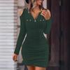 Autumn And Winter Solid Color Zipper V-Neck Tight-Fitting Hip-Wrapped Slim-Fitting Sexy Long-Sleeved Dress For Women