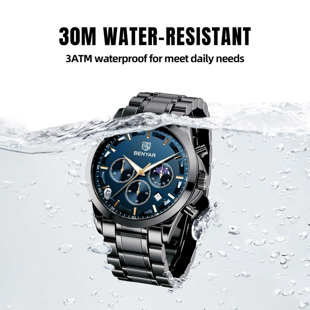 BENYAR Men's Leather Band Chronograph Watch Multi-Calendar Business Formal Waterproof Scratch-Resistant Silver and Blue