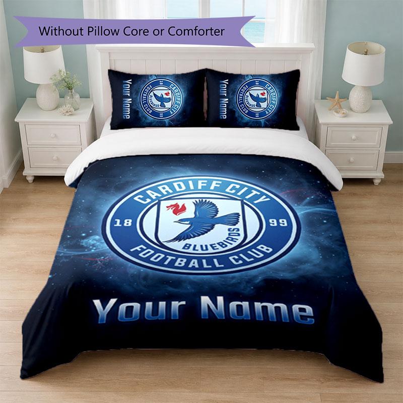 Cardiff City Custom Name Text Bedding Set 1 Duvet Cover+2 Pillowcases Soccer Logo Personalized Gift For Special Occasion Bedroom Decor