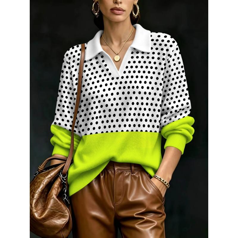2026 New Women's Loose Printed Imitation Wool Knitted Pullover Black and White Polka Dot Color Block Lapel Top