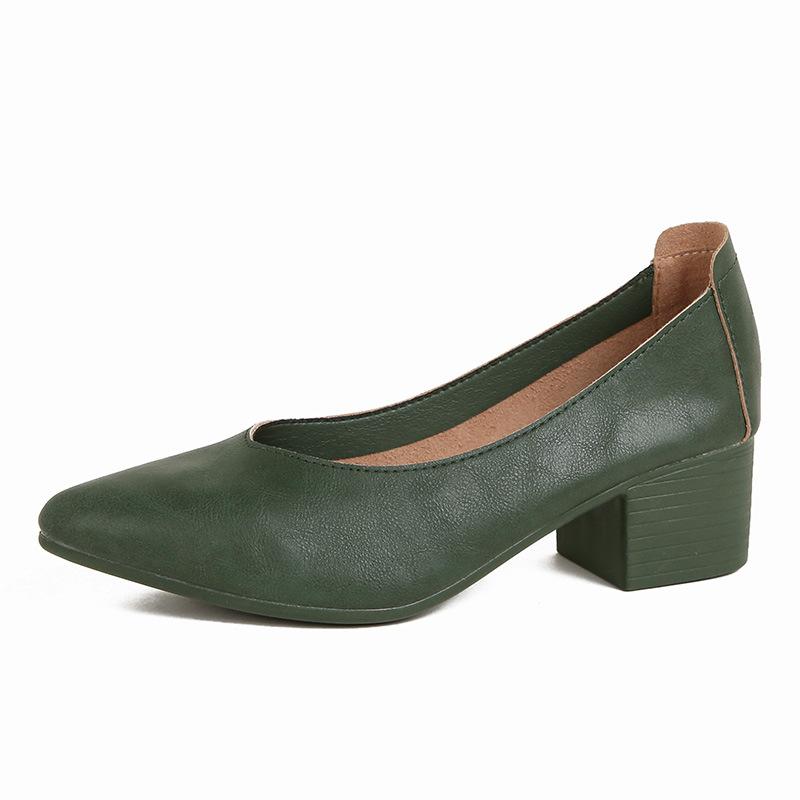 Leather single shoes thick heel 2025 new versatile fairy wind ladyshoes shallow mouth middle heel size women's shoes grandma shoes versatile