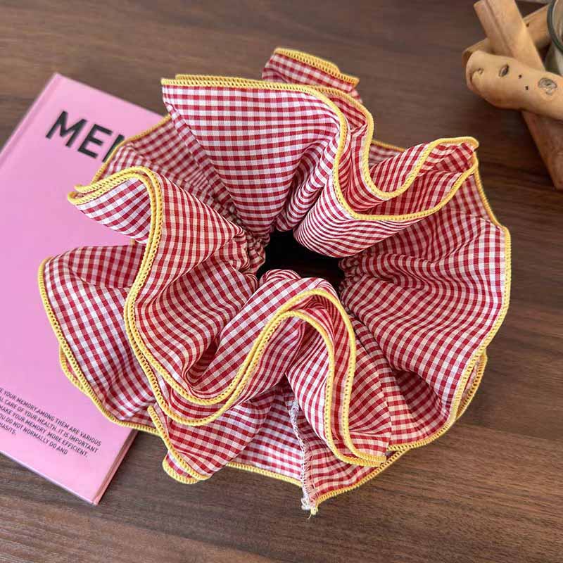INS Ballet Style Contrast Color Plaid Ruffle Edge Elastic Hair Bands Women Sweet Korean Hair Scrunchies 4 Layered Large Headband