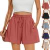 Women's Fashionable Color Elastic Waist Pocket Casual Loose Cotton And Linen  Shorts