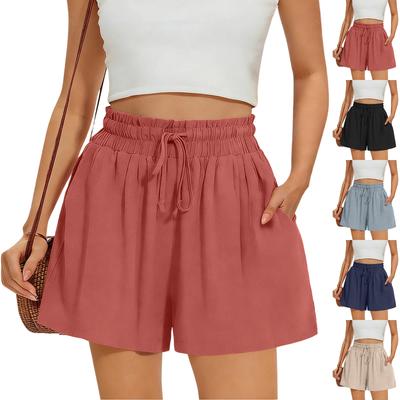 Short décontracté en coton et lin, couleur tendance, taille élastique, poche.