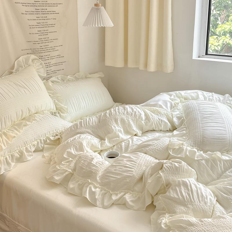 Set Biancheria da Letto in Pizzo Seersucker Stile Ins Cotone Lavato Coreano Copripiumino 4 Pezzi Copripiumino Colore Unito per Decorazione Casa Ragazza