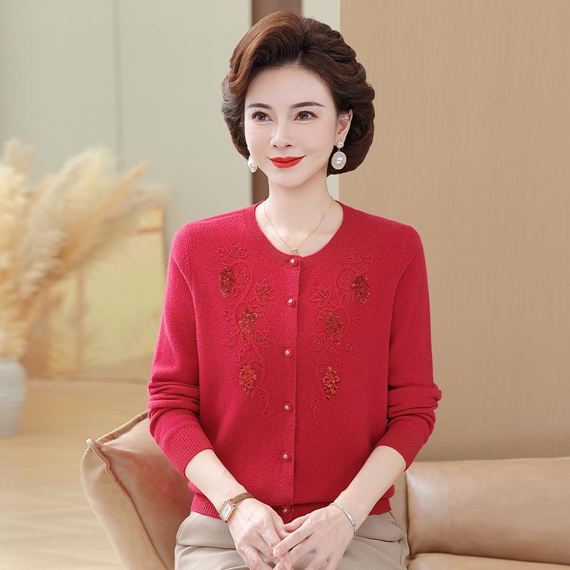 Mom's Elegant Embroidered Wool Cardigan - Stylish Knit Sweater for Middle-Aged and Elderly Women, Perfect for Spring and Autumn.