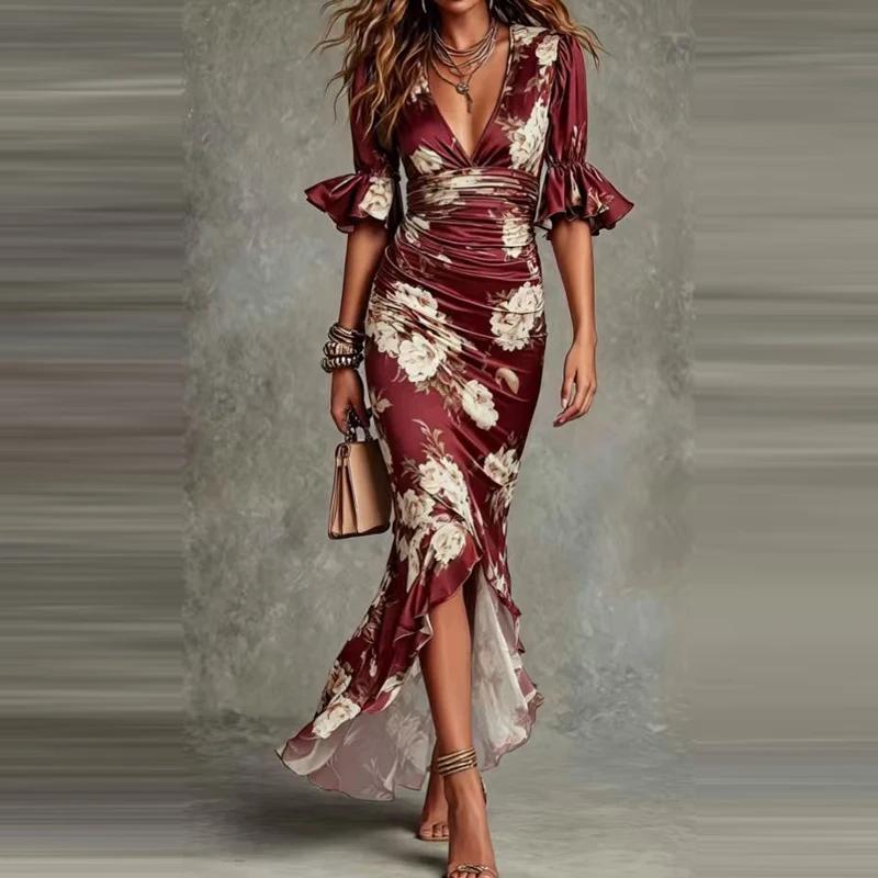 Women s Sexy Deep V Neck Ruffles Maxi Dress Spring Summer Flare Sleeve Satin Elegant Floral Print Mermaid Party Dress S красный