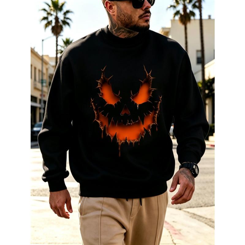 Men's Graphic Print Crew Neck Sweatshirt With Glowing Orange Jack-O-Lantern Face Christmas Halloween, Loose Fit Streetwear.
