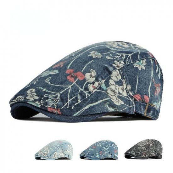Retro Lady Denim Newsboy Cap Floral Print Beret Flat Hat Ethnic Cabbie Baker Boy