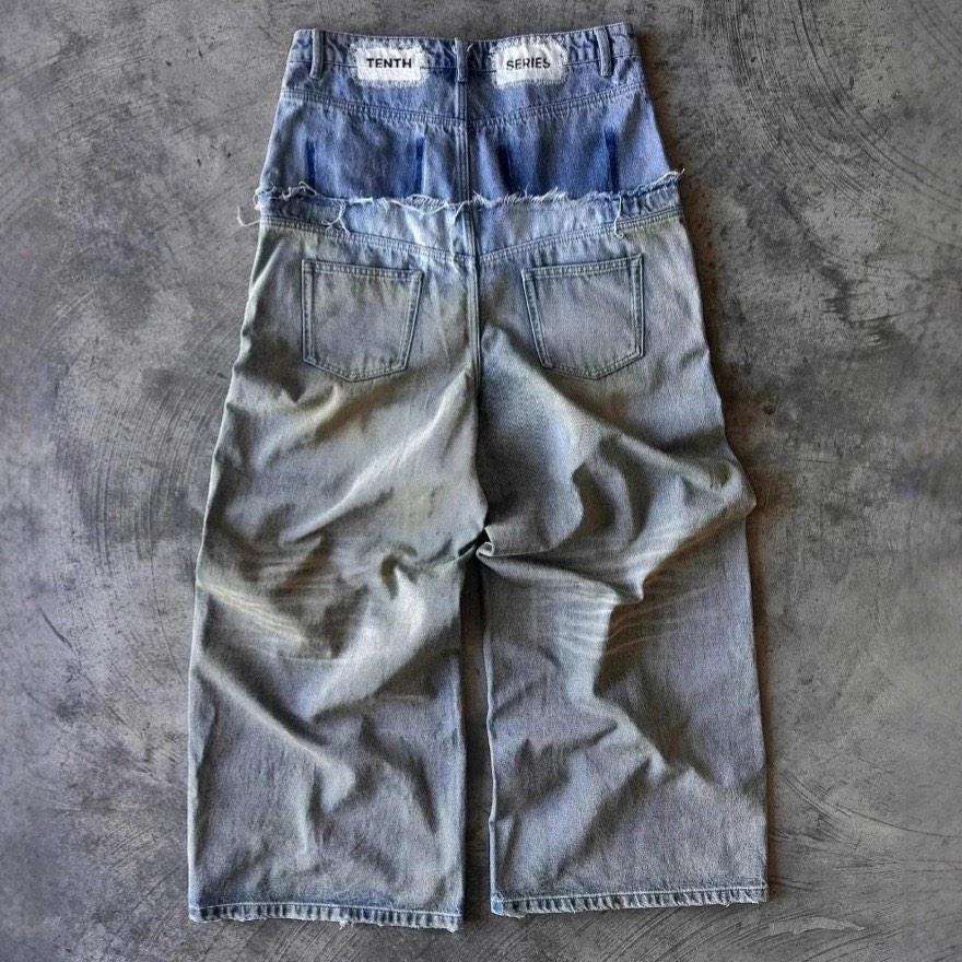 DRIPX Street Hip Hop Letter-print Jeans Men Y2k Goth Punk Harajuku Ripped Wide Leg Pants Retro Loose Straight Leg Double Waisted Pants