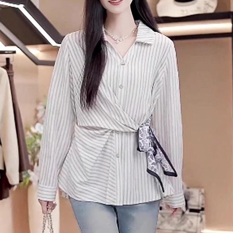 Women s Chic Striped Silk Tie-Up Shirt: French-Inspired Long Sleeve Slim-Fit Waist-Cinching Autumn Top XL (58-63 kg) белый