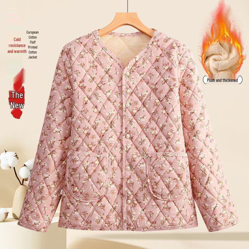 2025 Autumn/Winter Plus Velvet Thickened Cotton Jacket for Middle-Aged & Elderly Women – Warm Padded Outerwear