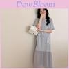 Summer Elegant Knit Dress With Puff Sleeve And Splicing For Casual Wear