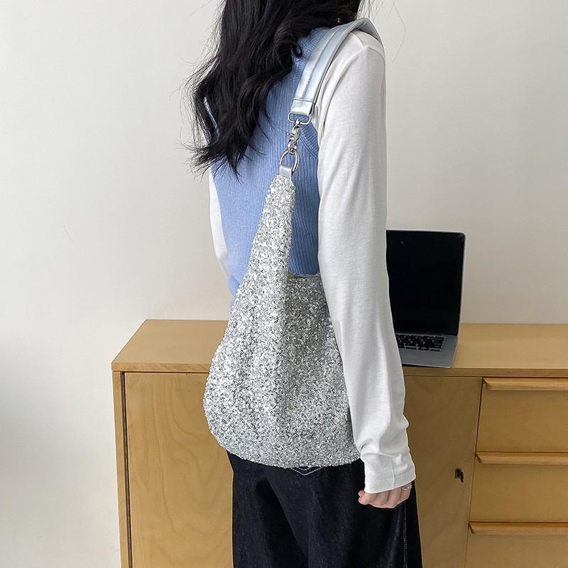 Korean Fashionable Casual Shiny Large-capacity Shoulder Bag Women's 2025 Light Luxury Niche High-end Beaded Tote