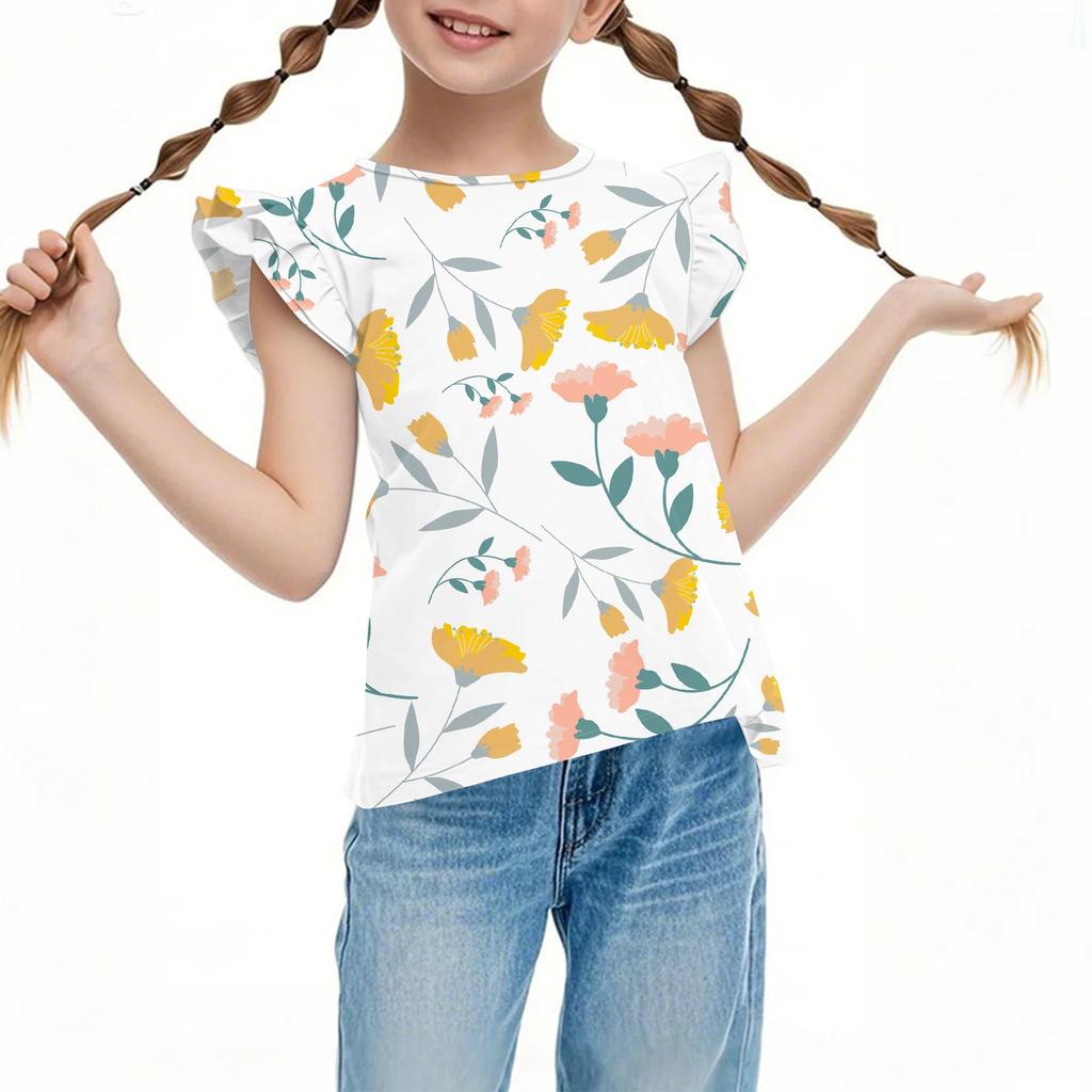 Children's Casual Short-Sleeved Pleated Cute Floral Printed Round-Neck Top