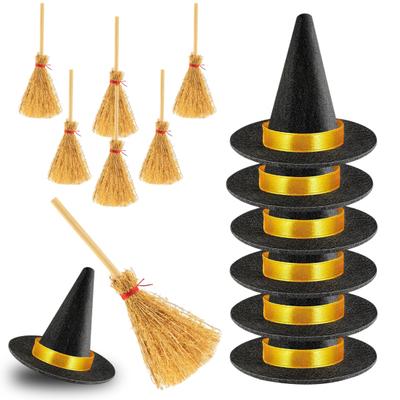 12Pcs Mini Witch Hat And Broom Crafts Halloween Party Decorations Reusable Black