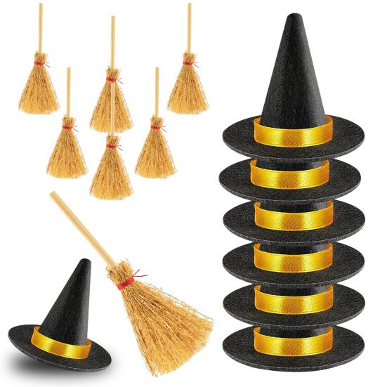12Pcs Mini Witch Hat And Broom Crafts Halloween Party Decorations Reusable Black Hats Festive Home Party Ornaments