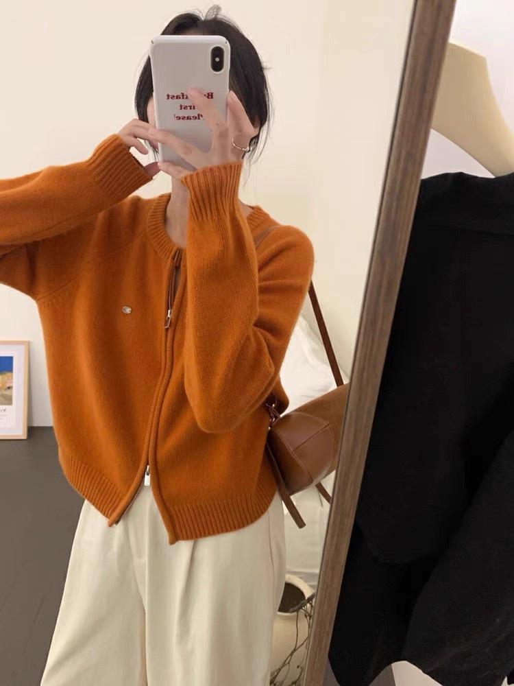 New Autumn European Style Women's 100% Pure Wool Zipper Cardigan - Retro Short Knit Sweater Coat