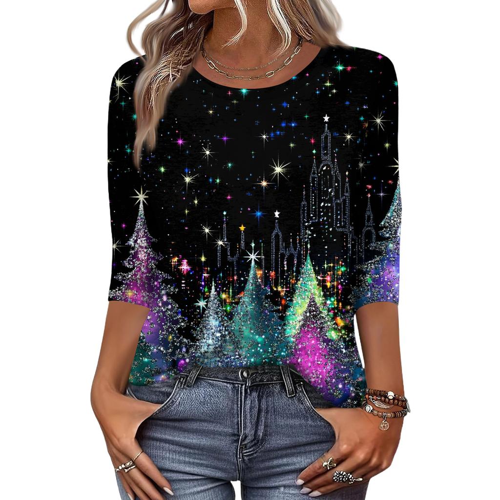 Women's Fashion Casual Round Neck 3/4 Sleeve Loose  Printed T-Shirt Ladies Top