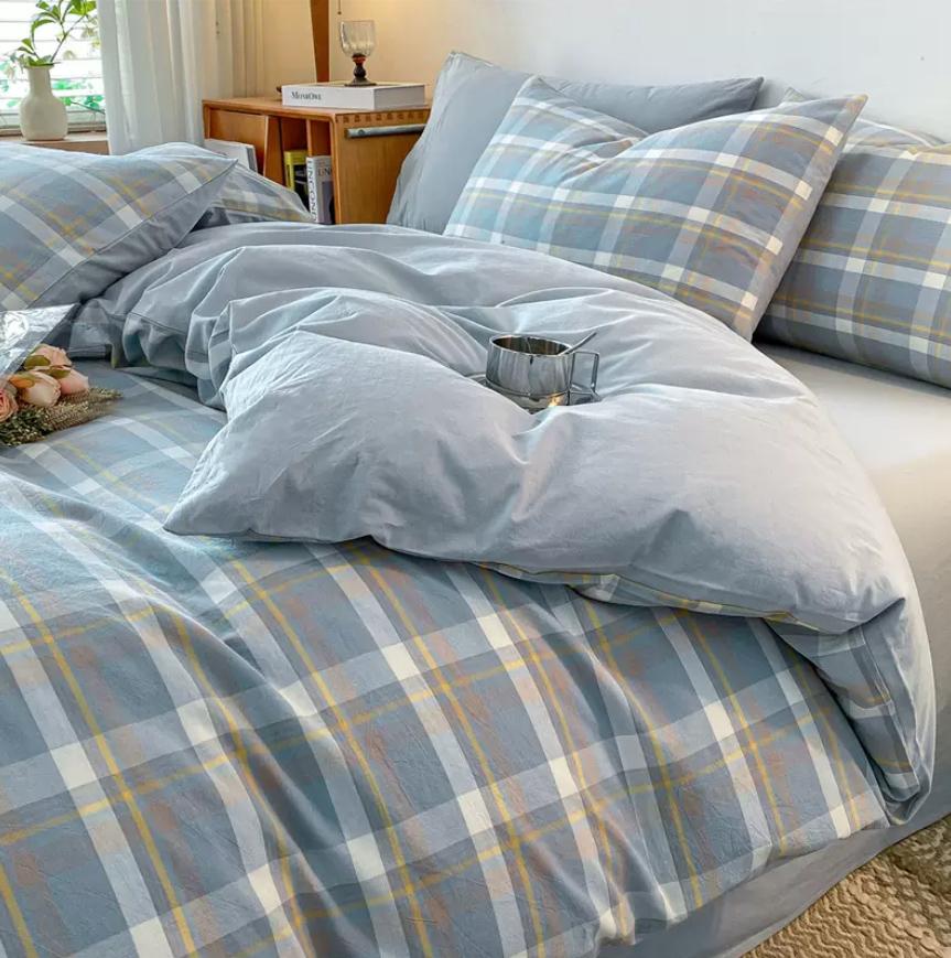 Duvet Cover and 2pc Pillowcases 100% Cotton Cartoon Plaid Printed Bed Linen Twin Full Queen King Size 24 Sizes Home Bedding Set