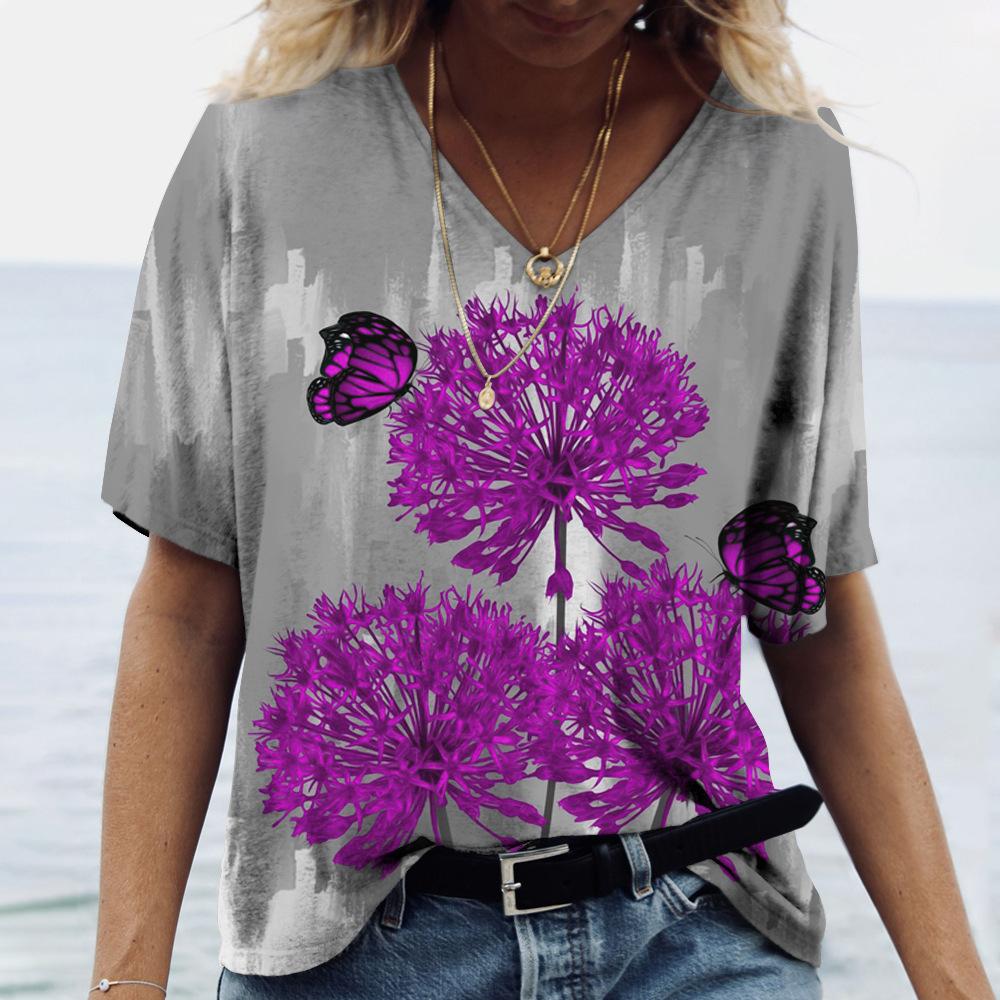 Summer V-neck 3D Flower Butterfly Printed Top Fashionable Casual Short Sleeved Women's T-shirts