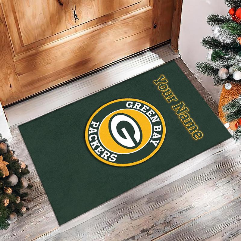 Green Bay Packers Crystal Velvet Rug, Custom Name Text Personalized Non‑Slip Floor Mat for Home Decor Gift