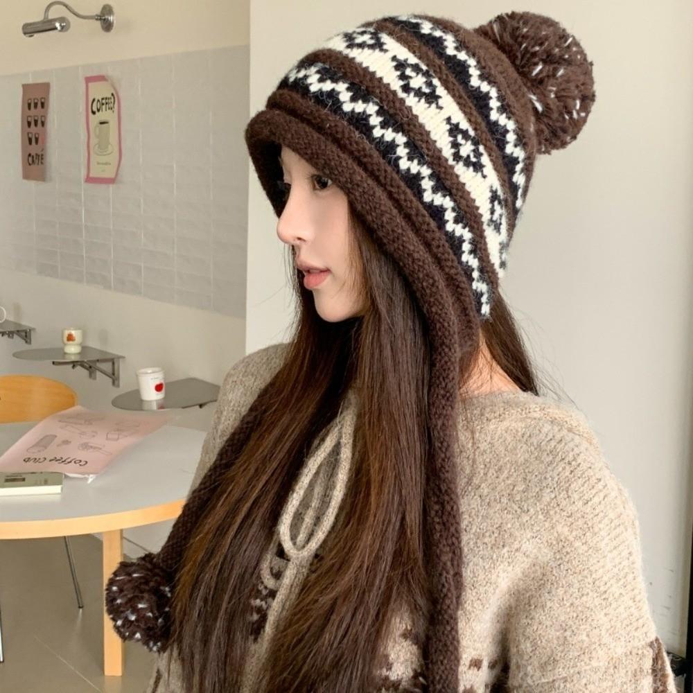 With Pom Pom Knit Earflap Hat Cold Proof Outdoor Fall Winter Hat Warm Knit Beanie Women