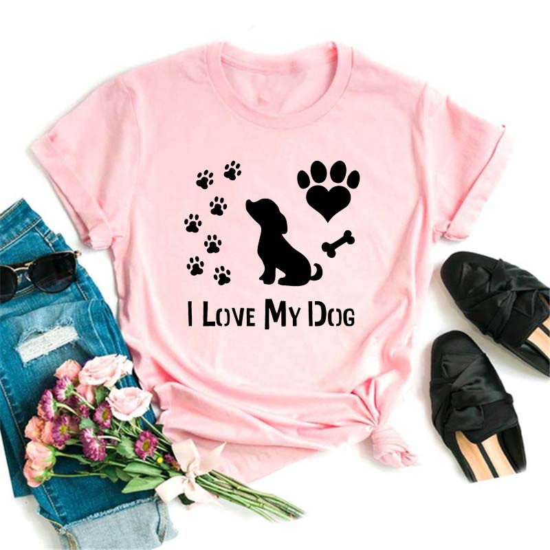 Women Dogs Paws Love Heart Printed T-shirts Fashion Summer Short Sleeve Lady Womens Clothes Tops T-Shirt Black Shirt Tees Female