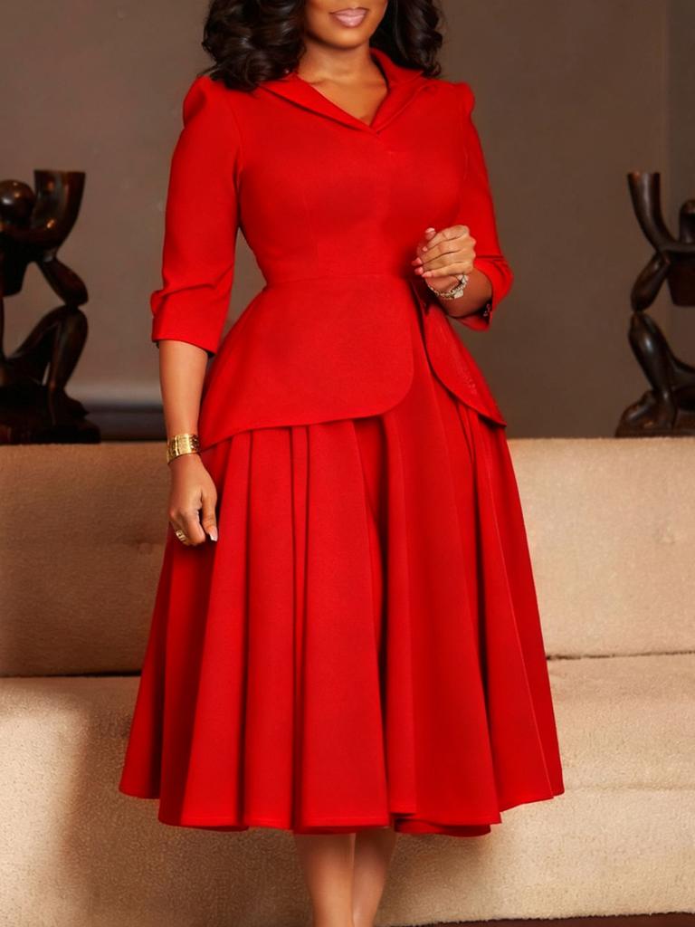 Women's Autumn Fashion Plus Size Dress with Blazer Collar, Solid Color A-Line Maxi Dress for African Women
