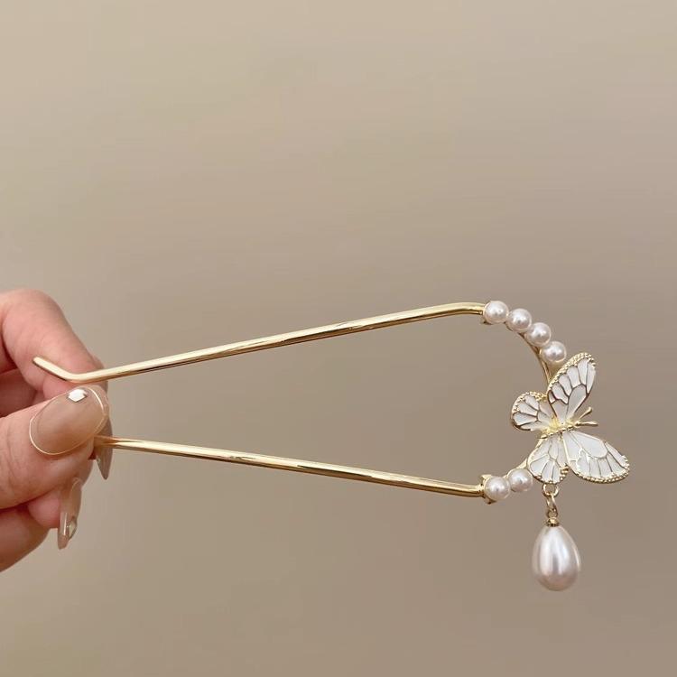 Gentle Butterfly Pearl Glaze Chinese U-Shaped Hairpin for Daily Wear
