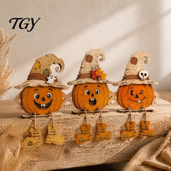 Rustic Farmhouse Halloween Ornaments 3PCS Distressed Wooden Pumpkin Ornaments, Witch Hats And Ghost Patches Retro Gothic Mantel Decor Decor,
