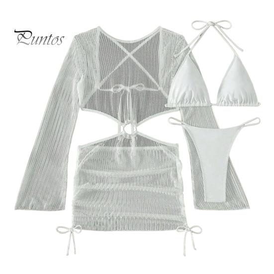3Pcs/Set Women Bikini Set Halter Bra Lace-up Swimming Trunks Set with See-through Mesh Yarn Cover Up Dress