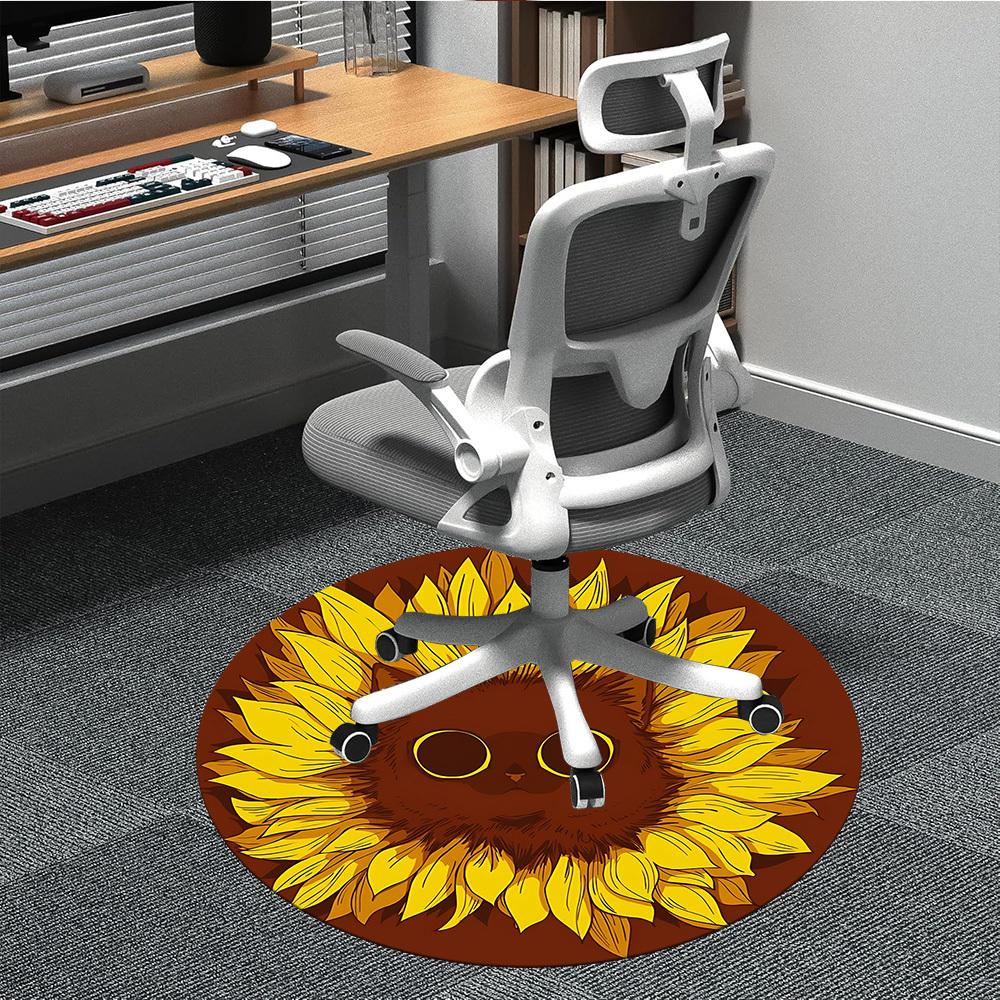 1pc Sunflower Cat Office Round Area Rug,  Mat Suitable For Office, Under Office Chairs Bedroom Living Room Home Decor, Room Deco