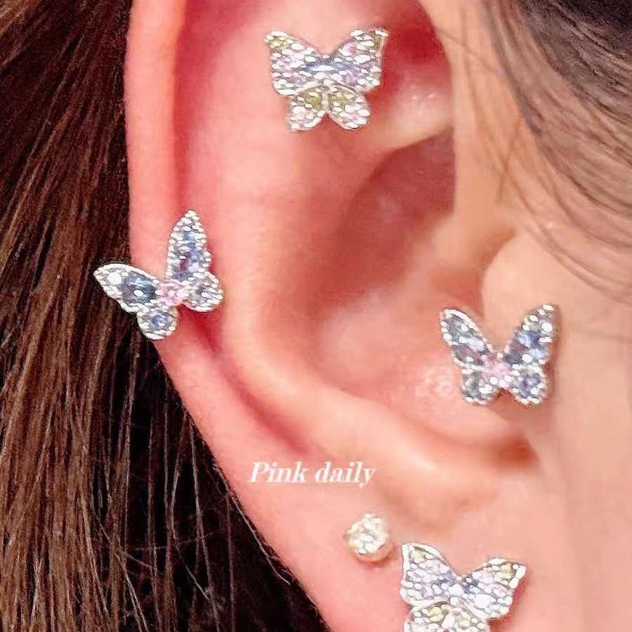 High-End Shiny Blue Butterfly Cartilage Stud Earrings for Sleep & Shower - Japanese Korean Niche Design