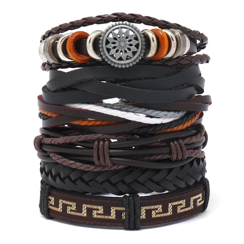European and American Personalized Retro Men's Leather Bracelet Hand Rope Diy6-piece Set Cowhide Woven Retro Bracelet with Jewelry