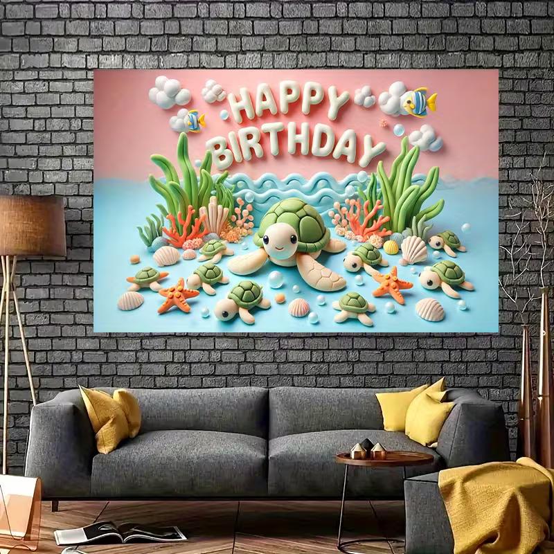 2D "Happy Birthday" Ocean Turtle Tapestry, Underwater Party Background