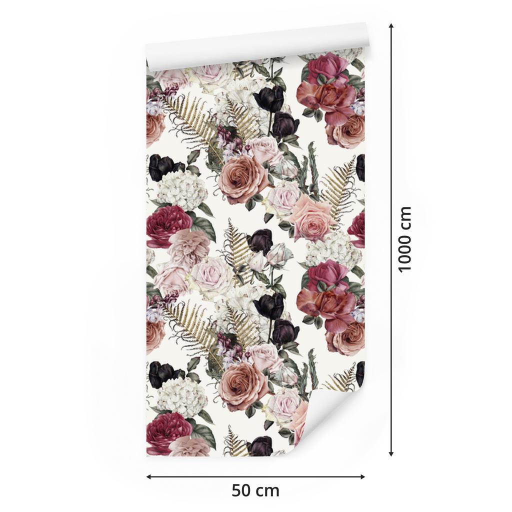 Roses with Fern Leaves Wallpaper for Living Room and Bedroom 50x1000