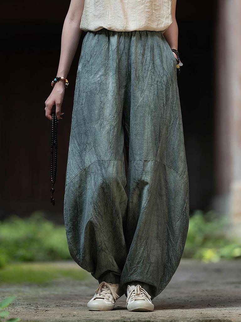 Damen-Retro-Leinenhose mit Batikmuster und weitem Bein im Laternen-Stil